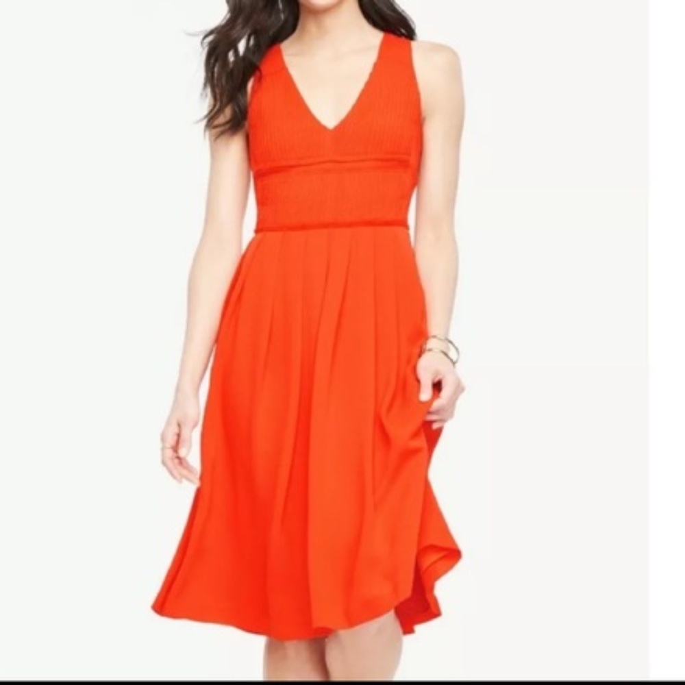 Ann Taylor Crepe Pleated V Neck Flare Dress - 10